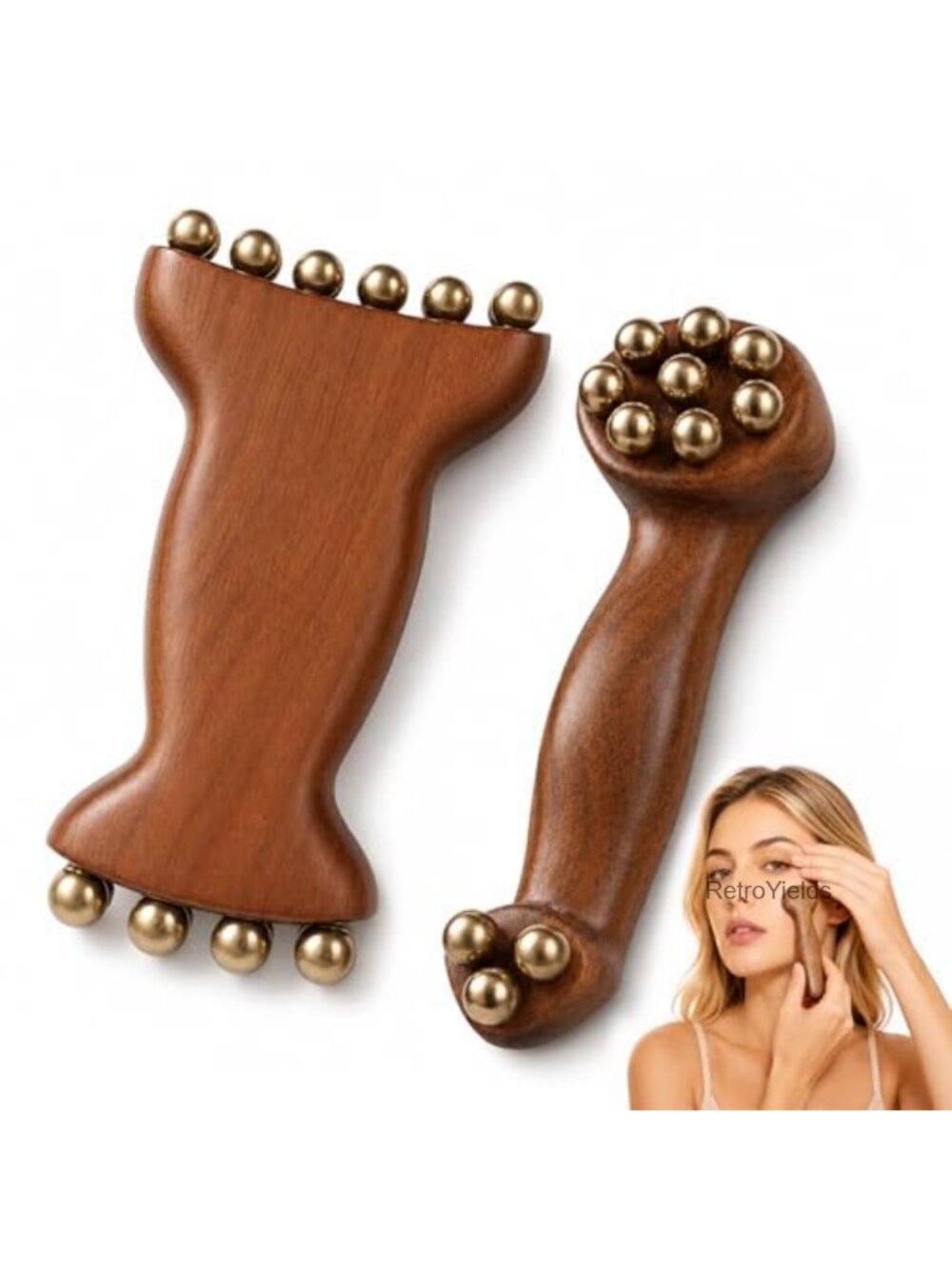 Sandalwood Brass Facial Massage Roller Gua Sha Set Lymphatic Drainage Skincare
